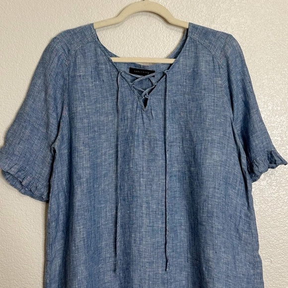 Sanctuary 100% Linen Chambray Lace Up Ruffled Sleeves Top, Sz Large - Picture 3 of 12
